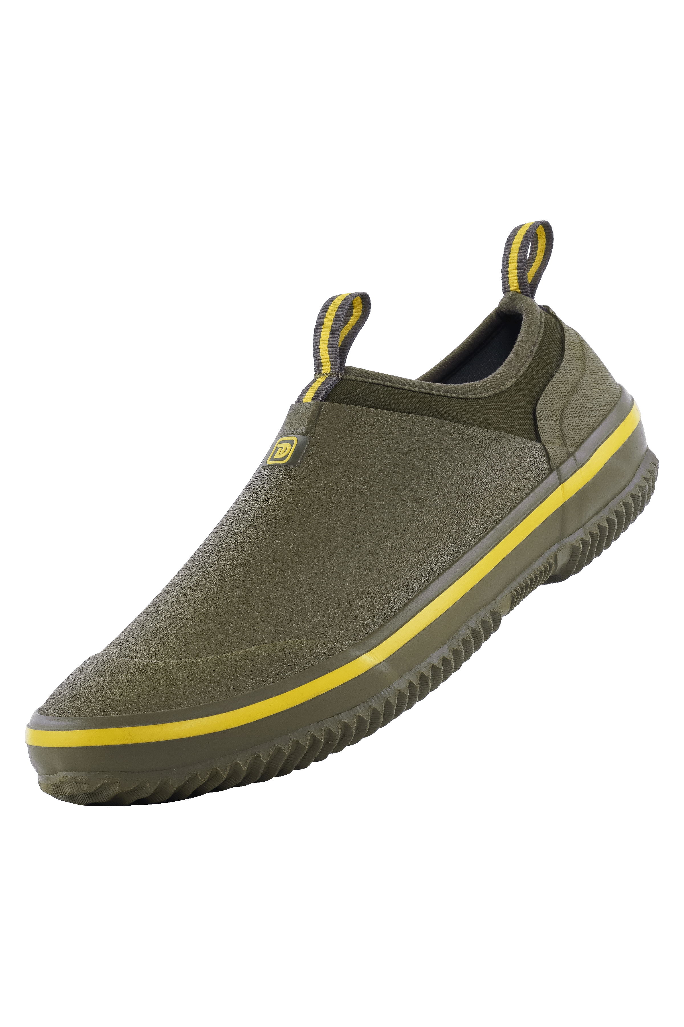 alt="Side view of Trudave GreenStep Series waterproof slip-on garden shoes in olive green color, featuring durable rubber construction, breathable design, and comfortable fit ideal for gardening, yard work, and outdoor chores"